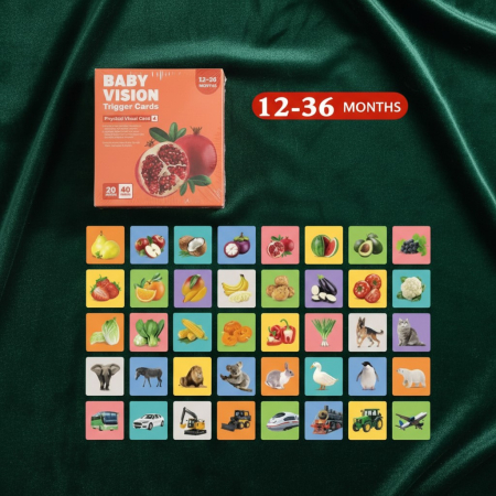 Jucării educative - Set 20 de carduri vizuale colorate pentru stimulare vizuală copii 12-36 luni, dimensiune 14x14 cm.