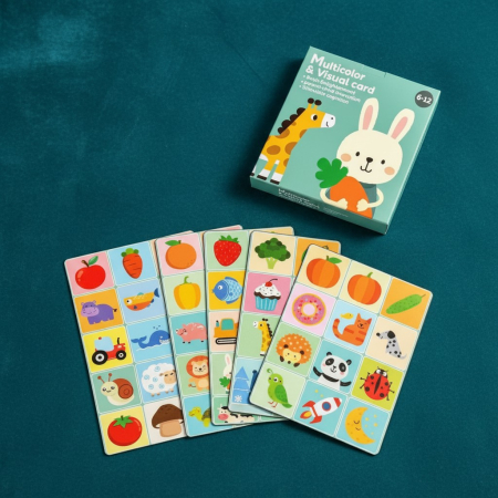 Jucării educative - Set 20 de carduri vizuale cu imagini colorate pentru stimularea bebelușilor de 6-12 luni, dimensiune 14x14 cm.