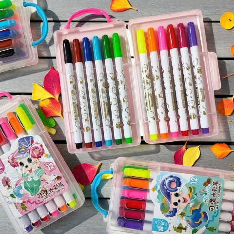 Carioci - Set 12 carioci colorate lavabile in gentuta transparenta cu maner roz