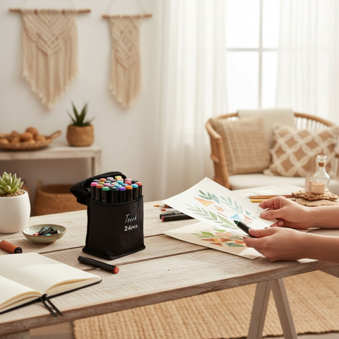 Accesorii Pictură și Desen - Set de 60 de carioci colorate depozitate intr-o gentuta textila neagra pe masa