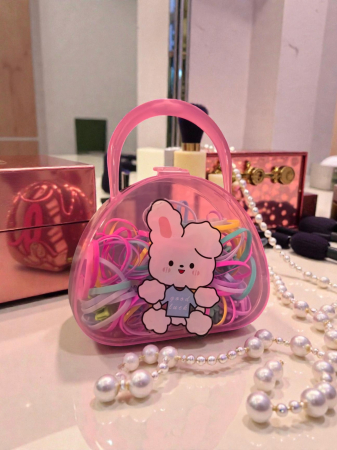 Clămițe colorate - Cutie borsetă cu mâner și personaje, plină cu elastice de păr colorate neon și pastel pentru copii.