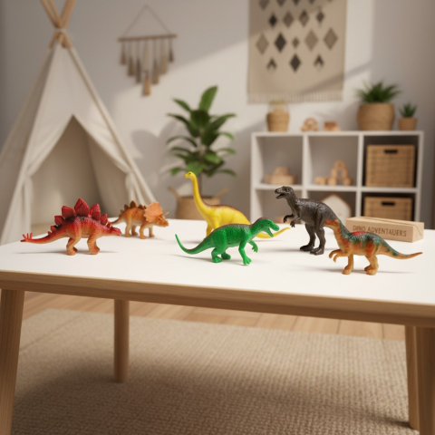 Dinozauri - Un set de 6 figurine viu colorate de dinozauri din colecția Dinosaurs World așezate pe o masă de joacă.