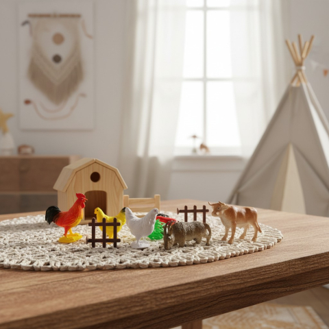 Seturi de Jucării - Set de 6 figurine animale domestice My Farm cu cocoș, găini și tauri pe o masă de joacă.