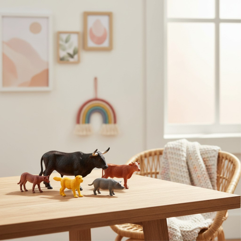 Animale de fermă - Copil jucându-se cu un set de 8 figurine animale domestice My Farm pe o masă de lemn.