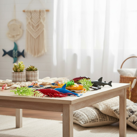 Animale marine - Set figurine animale marine Sea Animal cu crab, rechin și homar așezate pe o masă de lemn.