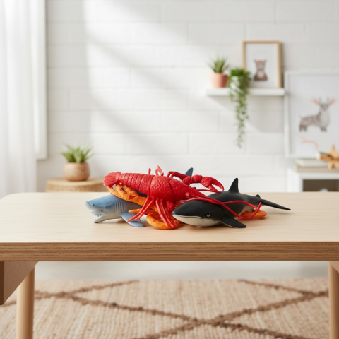 Animale marine - Set figurine animale marine Underwater World cu homar roșu și rechini pe o masă de lemn.