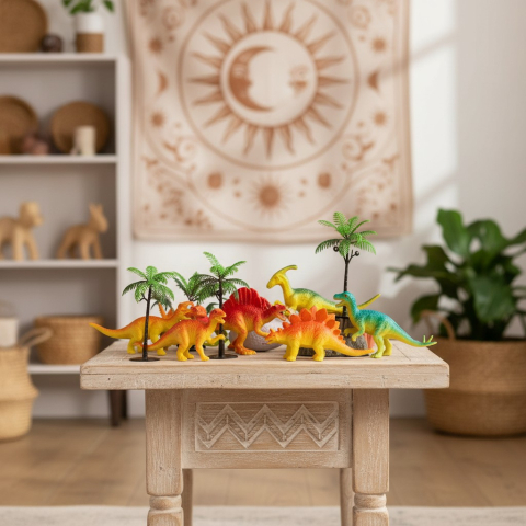 Dinozauri - Set de figurine dinozauri colorați și palmieri decorativi pe o masă de lemn.