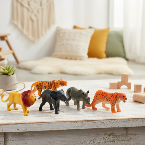 Animale din Junglă - Set de 6 figurine animale sălbatice Animal World incluzând leu, tigru, elefant, rinocer, leopard și hipopotam.