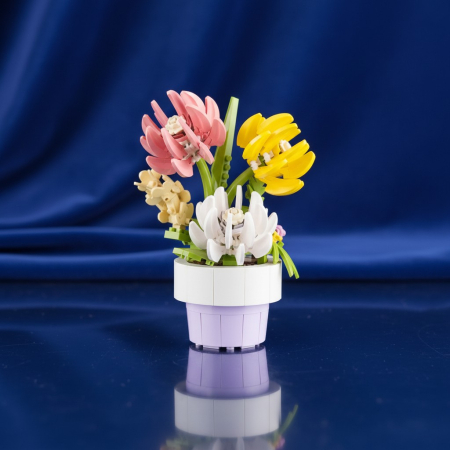 Seturi de Construcție Tip Lego - Buchet de flori colorate realizat din blocuri de constructie pentru decor interior.