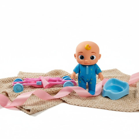 Păpuși - Set de jucării CoComelon cu păpușa JJ în pijamale albastre, alături de cărucior roz pliabil și oliță educativă.