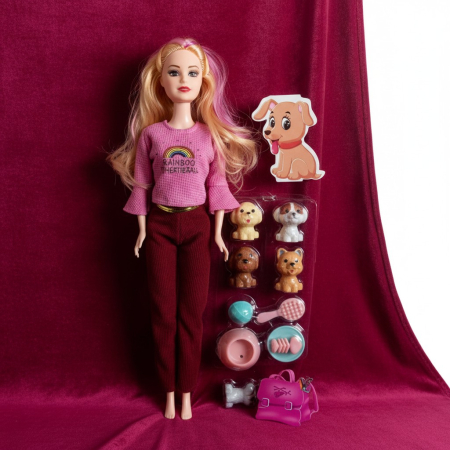 Păpuși - Păpușă iubitoare de animale de 30 cm cu cățeluș și accesorii de hrănire.