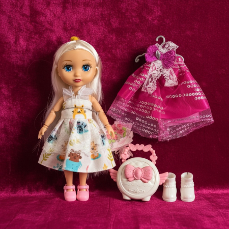 Păpuși - Mini păpușică fashion cu păr lung și gentuță mov elegantă.