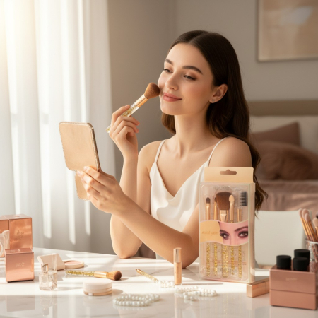 Pensule de Machiaj - Set 5 pensule de machiaj cu mânere transparente și sclipici auriu, finisaj metalic și peri moi.