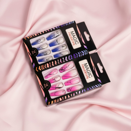 Pentru EA - Set de 12 unghii false Magic Fingertips formă ballerina cu model ombre și linii abstracte.