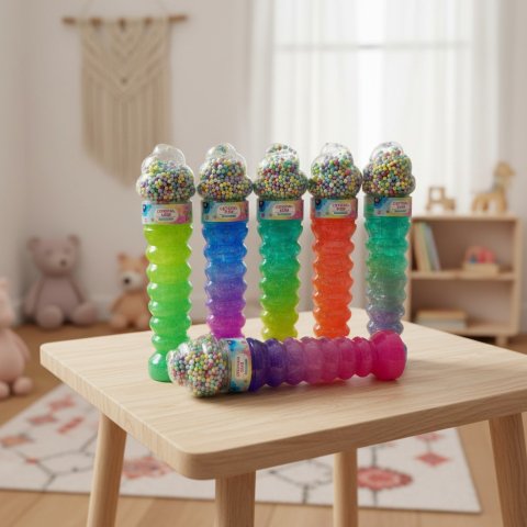 Jucării squeeze - Recipient înalt cu slime colorat Crystal Mud Glitter și biluțe decorative multicolore pentru amestecat.