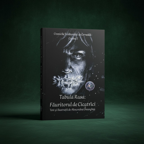 Cărți: povești de suflet pentru toate vârstele - Coperta romanului fantasy Tabula Rasa Fauritorul de Cicatrici ilustrand chipul intunecat al unui tanar cu buze acoperite de cerneala magica