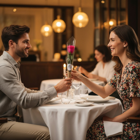 Buchete de Flori din Săpun - Trandafir individual din săpun roșu/roz în ambalaj conic de 49 cm cu etichetă Thank You.