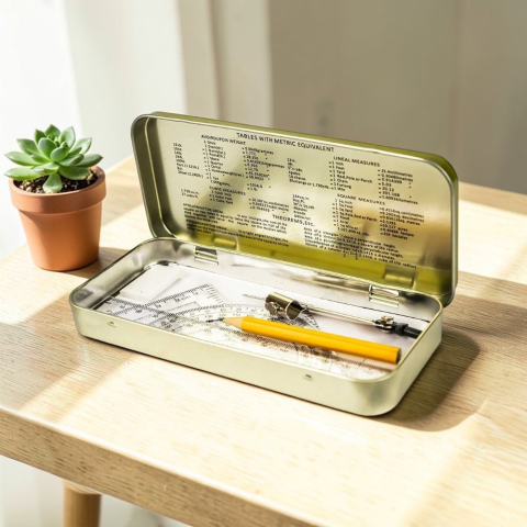 Truse Geometrie și Numărători - Trusă de geometrie metalică MBB complet echipată deschisă pe birou