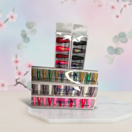 Pentru EA - Seturi de 12 unghii false reutilizabile IBeauty formă ballerina cu sclipici și finisaj metalizat crom.