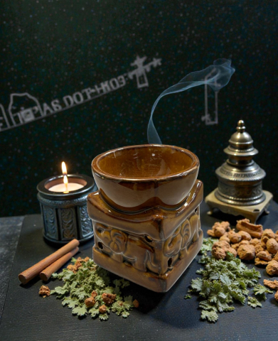 Vase din Ceramică pentru Aromaterapie - Vas ceramic maro pentru aromaterapie cu model relief elefant și fum fin, înconjurat de lumânări și plante uscate.