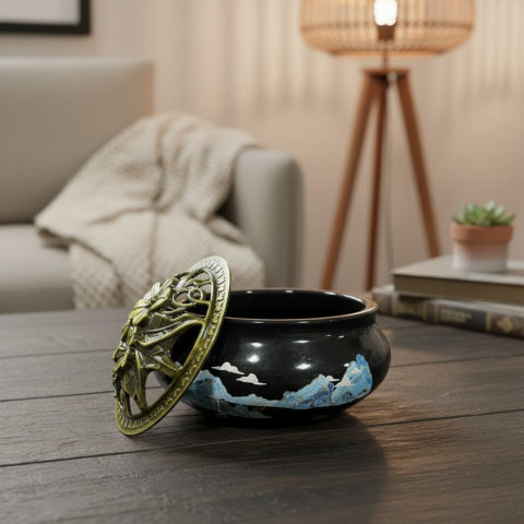 Vase din Ceramică pentru Aromaterapie - Vas din metal negru cu peisaj montan și capac auriu sculptat pentru ritualul bogăției, așezat pe o masă de lemn.