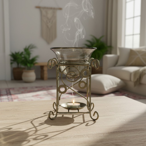 Vase din Ceramică pentru Aromaterapie - Vas pentru aromaterapie Simply Calm din metal auriu cu bol de sticlă fumurie și fum fin, așezat pe o masă într-un decor zen.