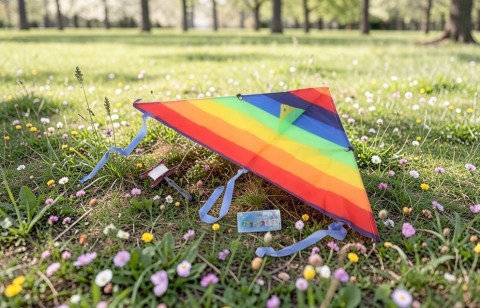 Jocuri și Jucării pentru Exterior - Zmeu zburator curcubeu de 120 cm inaltat in parc de o familie