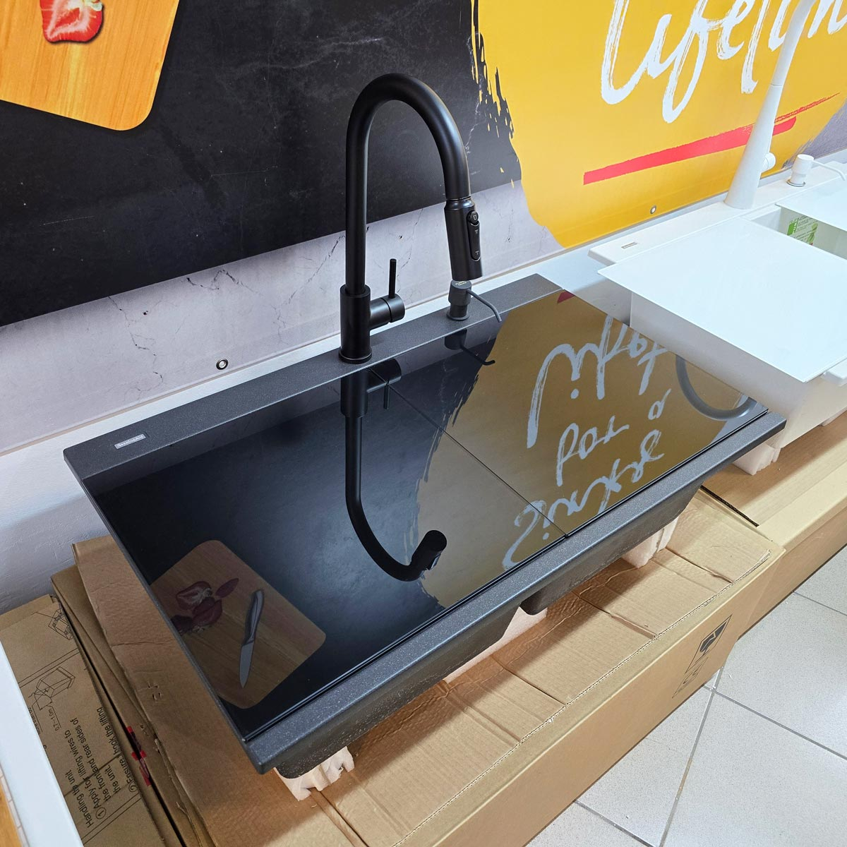 Baterie 3 cai CookingAid Cindy Black apa rece / calda / filtru apa negru mat si perlator detasabil / extractibil cu buton comutare jet / spray [10]