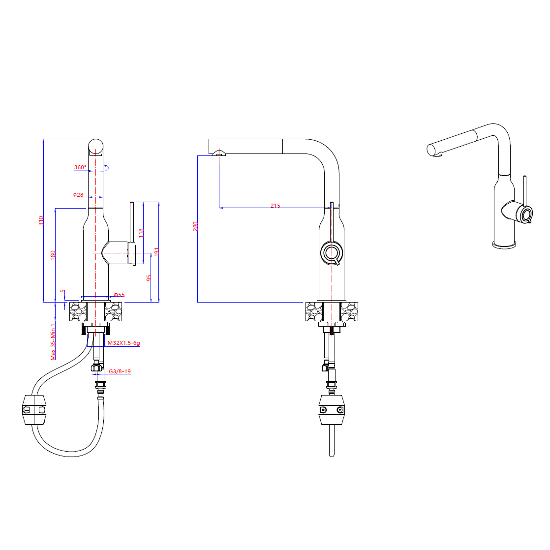 Baterie CookingAid Angelina Copper cu furtun dus extractibil si finisaj cupru periat [8]