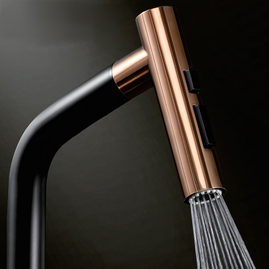 Baterie CookingAid Ferrara Black/Golden Rose cu furtun dus extractibil si buton schimbare dus/jet, culoare negru cu auriu roze [10]