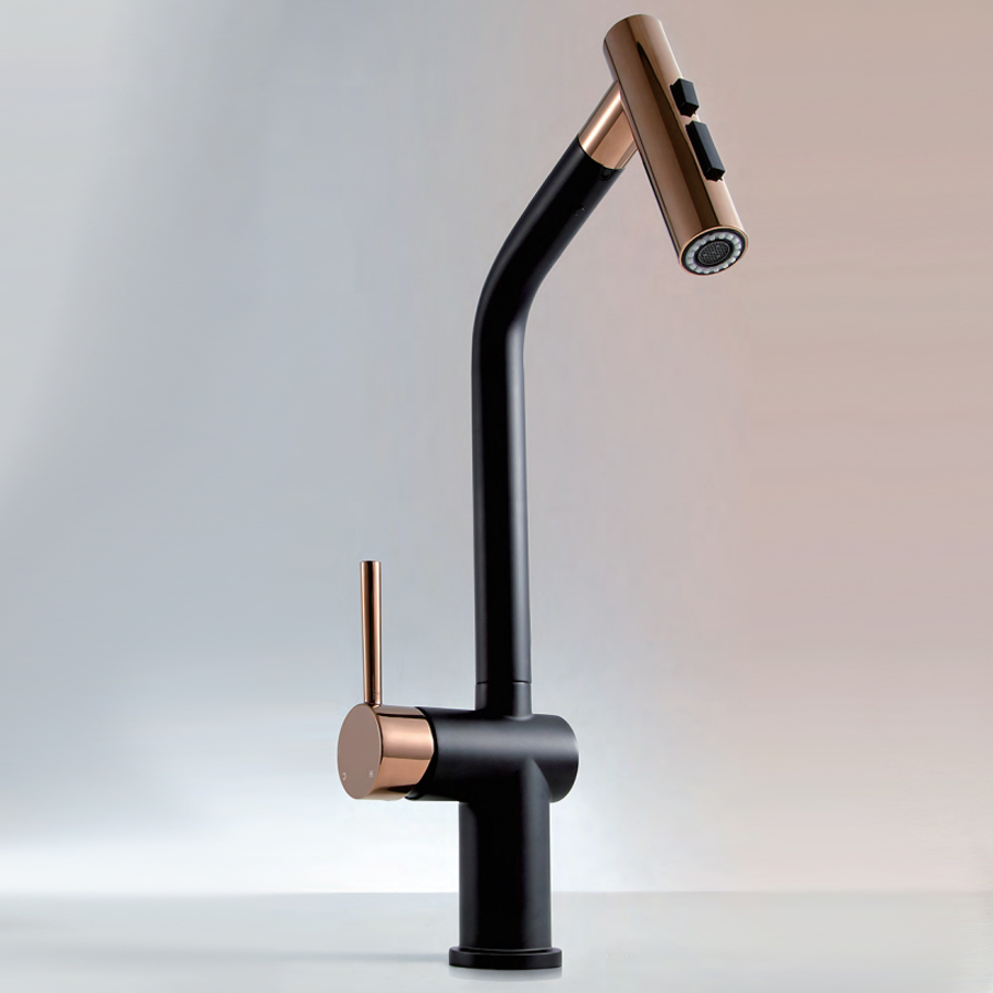 Baterie CookingAid Ferrara Black/Golden Rose cu furtun dus extractibil si buton schimbare dus/jet, culoare negru cu auriu roze [2]