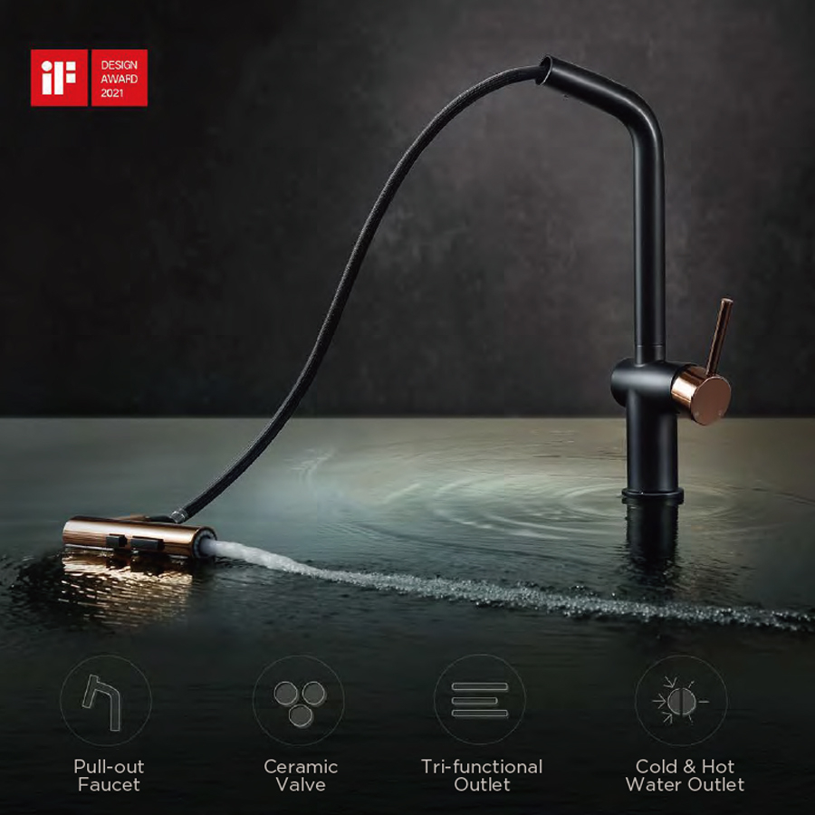 Baterie CookingAid Ferrara Black/Golden Rose cu furtun dus extractibil si buton schimbare dus/jet, culoare negru cu auriu roze [7]