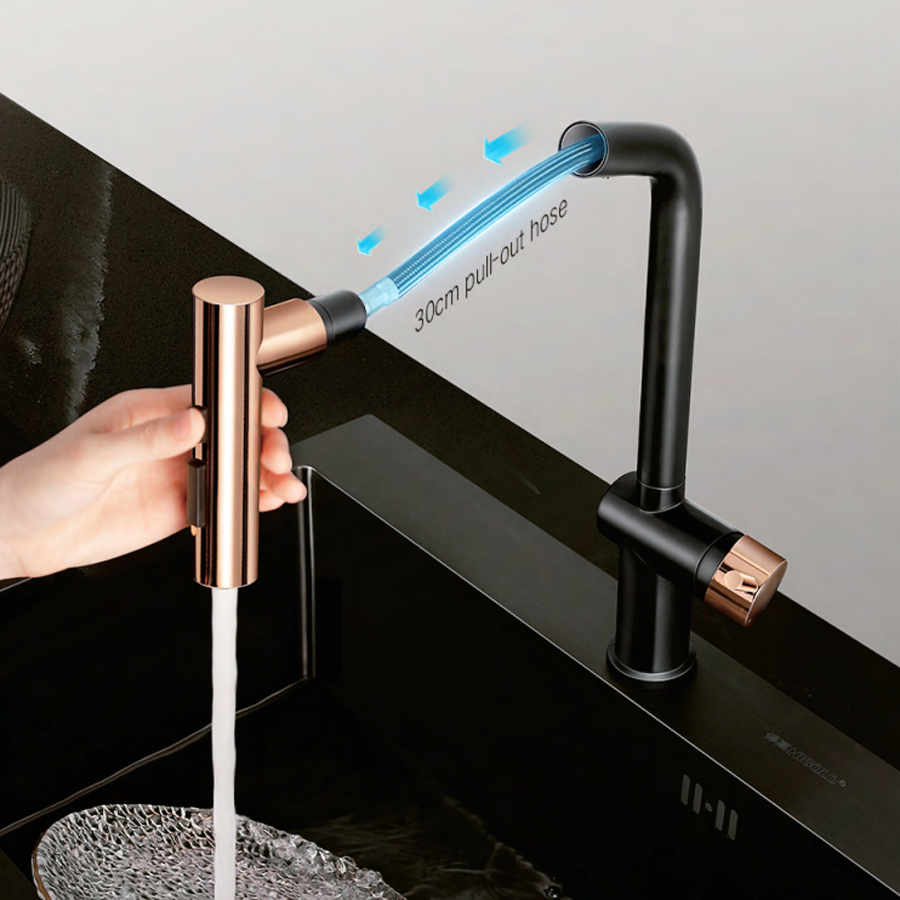 Baterie CookingAid Ferrara Black/Golden Rose cu furtun dus extractibil si buton schimbare dus/jet, culoare negru cu auriu roze [8]