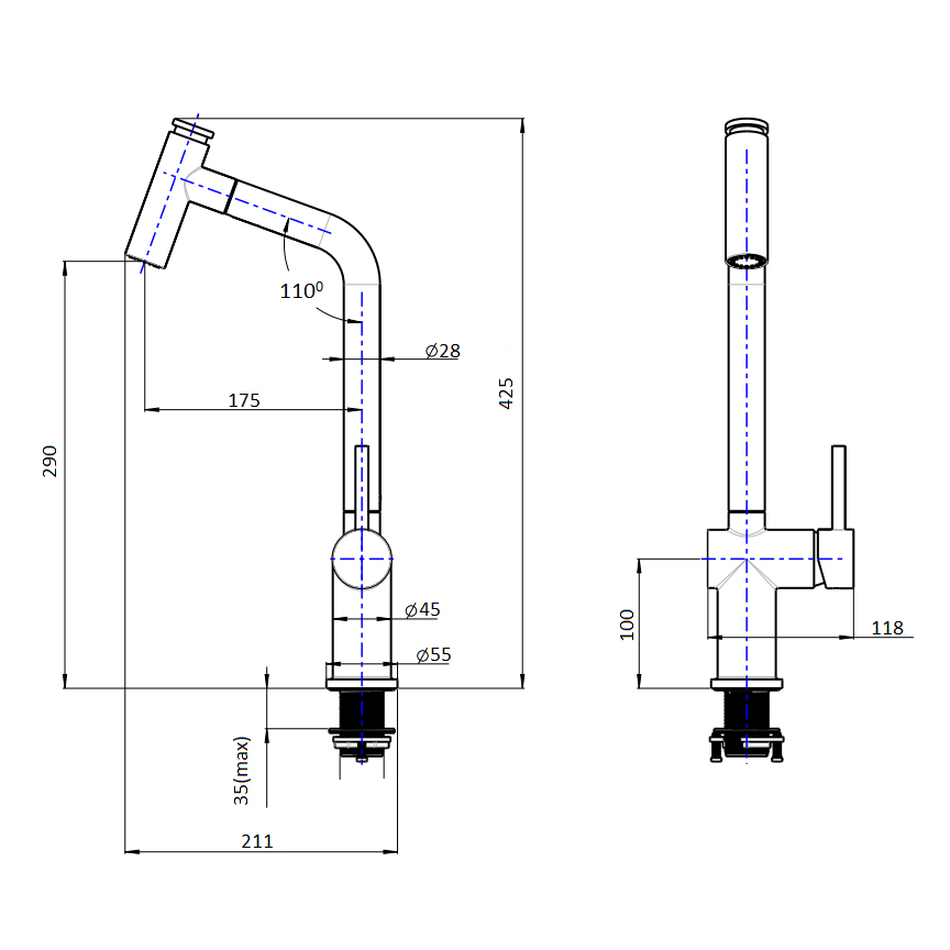 Baterie CookingAid Ferrara Steel cu furtun dus extractibil si buton schimbare dus/jet, culoare inox periat [8]