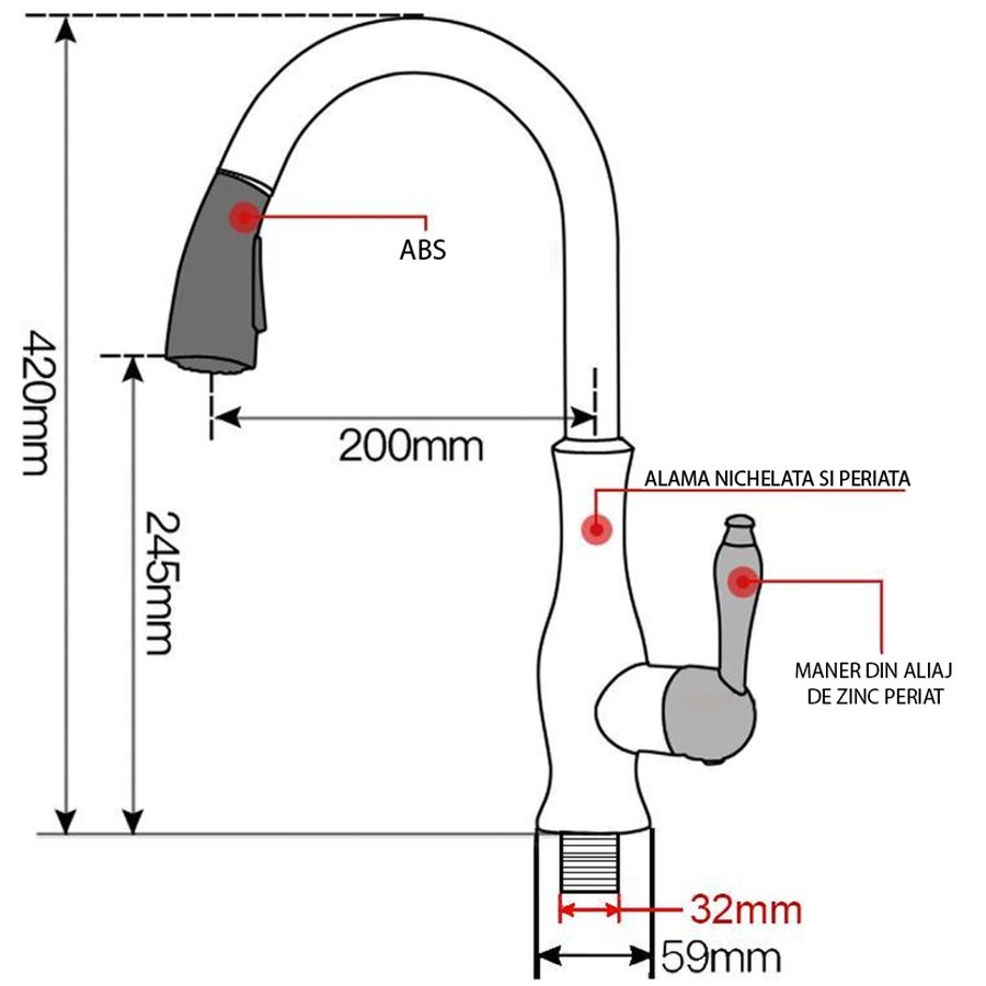 Baterie CookingAid ISLAND TAP cu finisaj periat, furtun dus retractabil / extractibil si buton schimbare de pe dus pe jet [14]