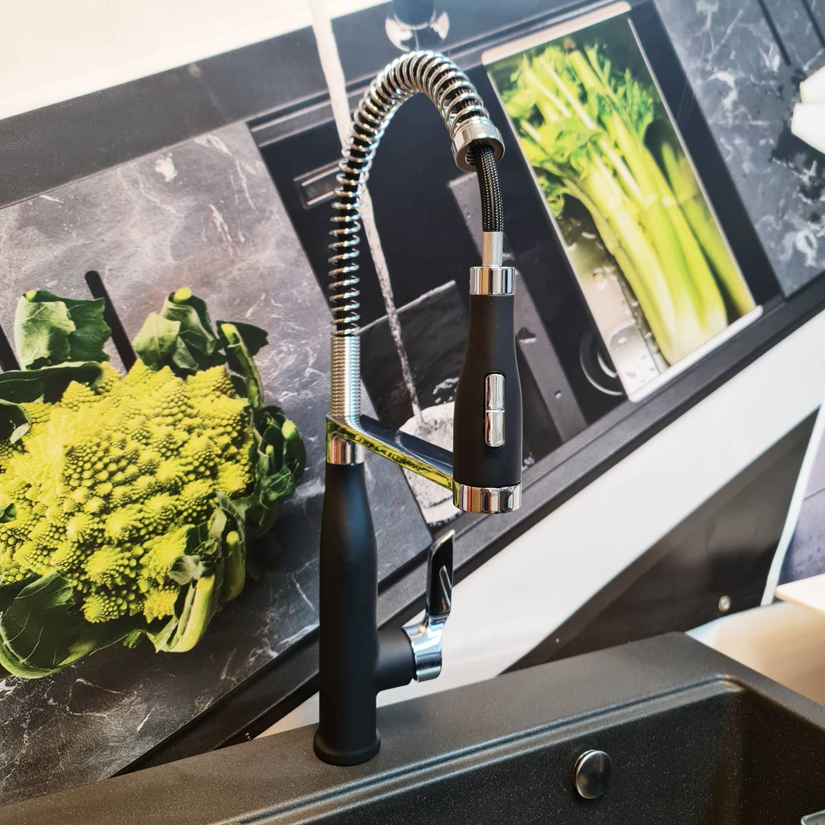 Baterie CookingAid NEO Spring Black Chrome cu cap flexibil detasabil + buton interschimbabil jet/dus si finisaj Cromat/Negru [7]