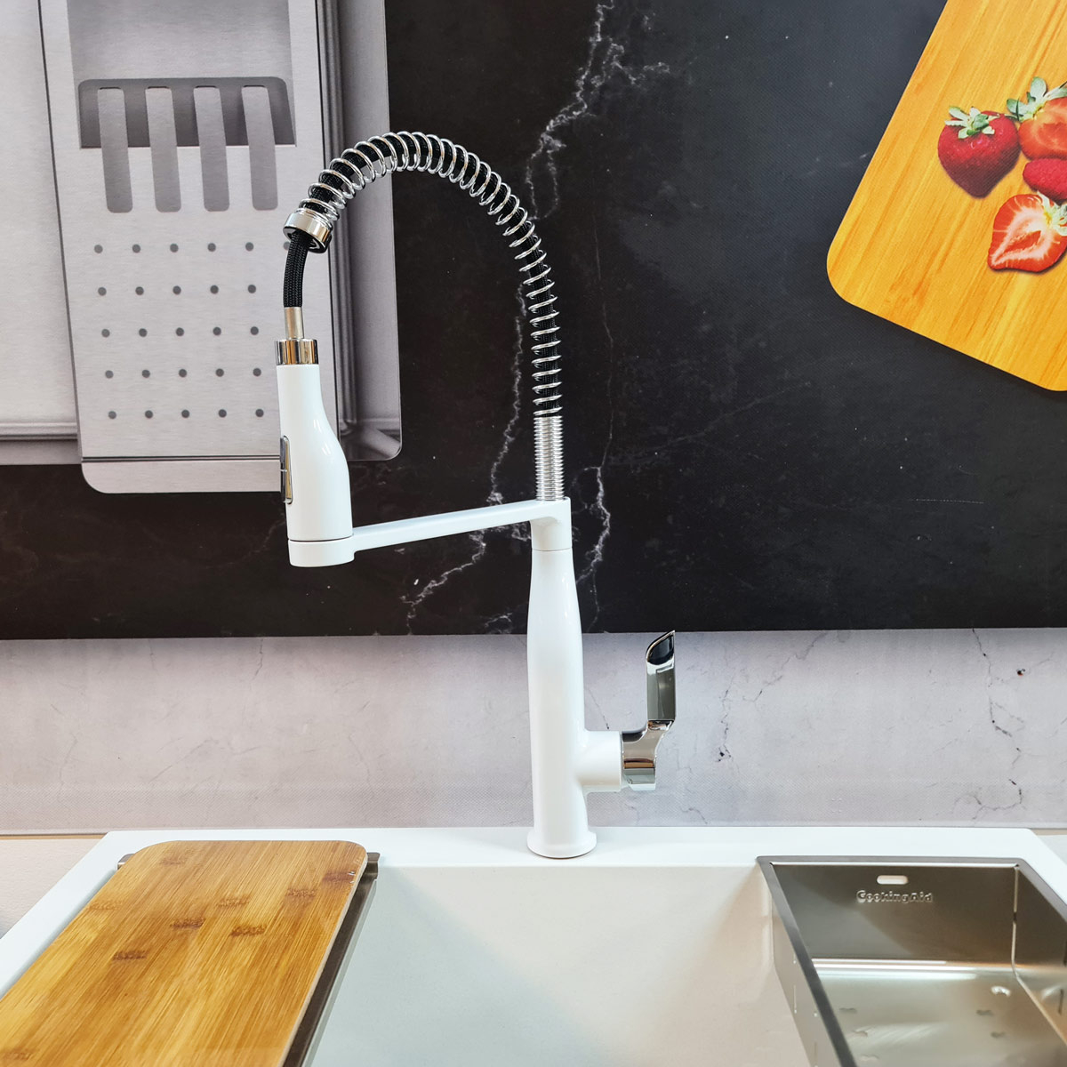 Baterie CookingAid NEO Spring White Chrome cu cap flexibil detasabil + buton interschimbabil jet/dus si finisaj Cromat/Alb [4]