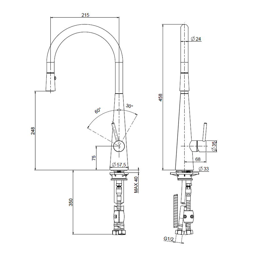 Baterie CookingAid NEWMIX 90 CHROME cu finisaj cromat si furtun dus retractabil / extractibil + buton jet/dus [11]