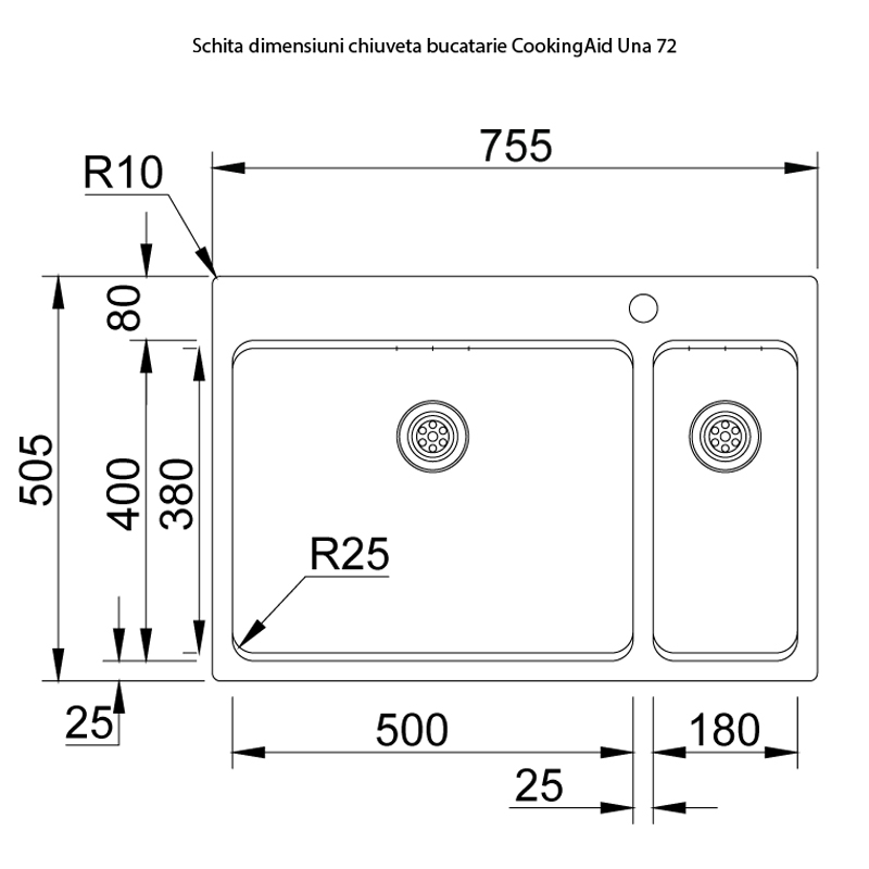 Chiuveta bucatarie cu 2 cuve inox CookingAid UNA 72 cu Bonus: tocator Versus din ABS reversibil in scurgator vase + accesorii montaj [24]