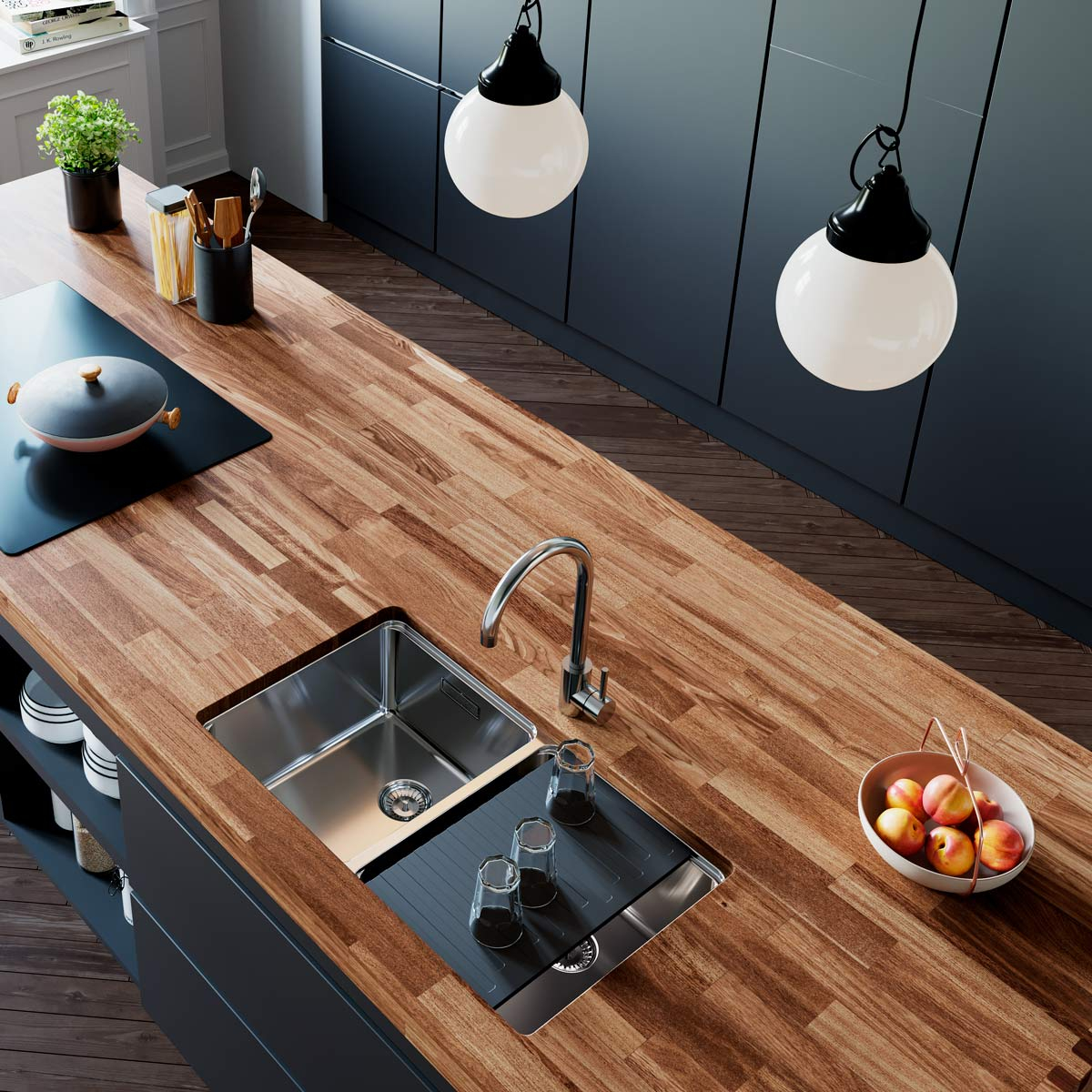 Chiuveta bucatarie cu 2 cuve inox CookingAid UNA 75 cu Bonus: tocator Bambus + accesorii montaj [2]