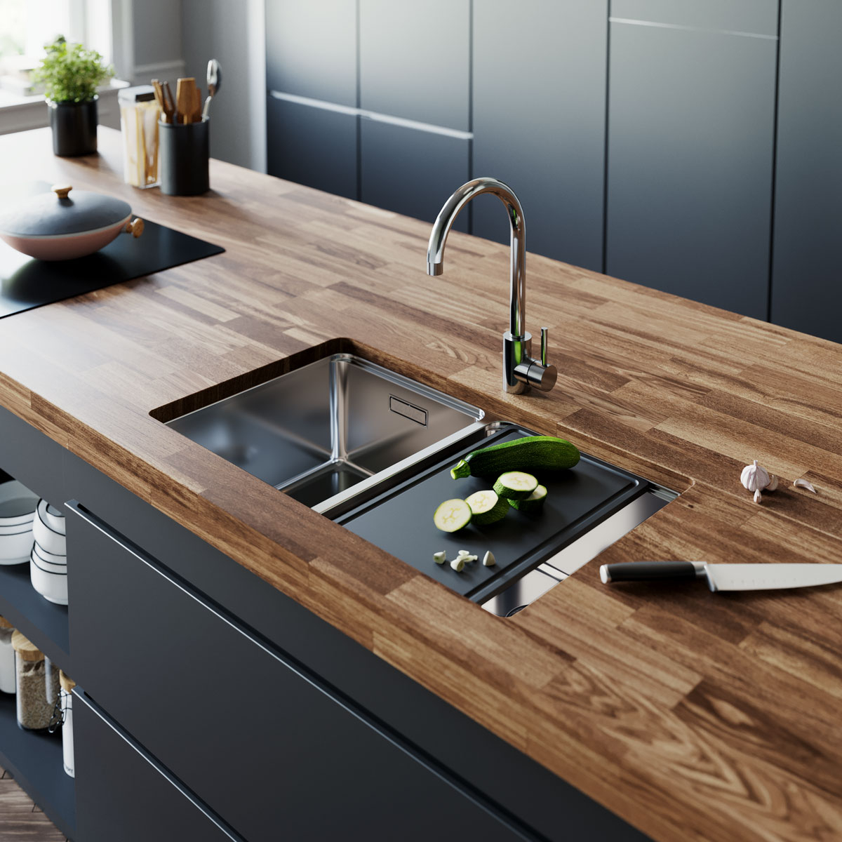 Chiuveta bucatarie cu 2 cuve inox CookingAid UNA 75 cu Bonus: tocator Bambus + accesorii montaj [1]