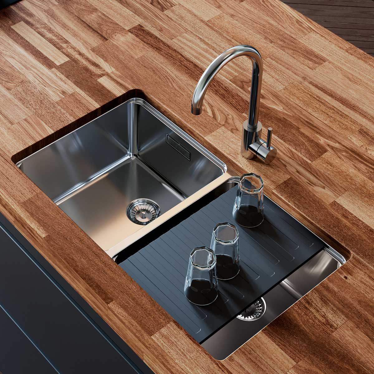 Chiuveta bucatarie cu 2 cuve inox CookingAid UNA 75 cu Bonus: tocator Bambus + accesorii montaj [3]