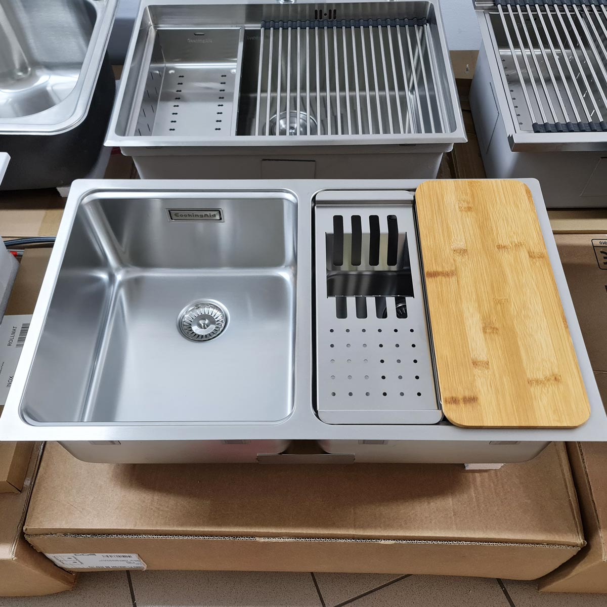 Chiuveta bucatarie cu 2 cuve inox CookingAid UNA 75 cu Bonus: tocator Bambus + accesorii montaj [14]