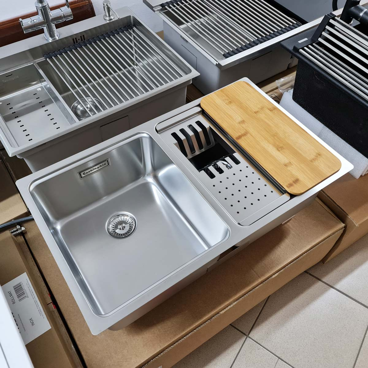 Chiuveta bucatarie cu 2 cuve inox CookingAid UNA 75 cu Bonus: tocator Bambus + accesorii montaj [15]