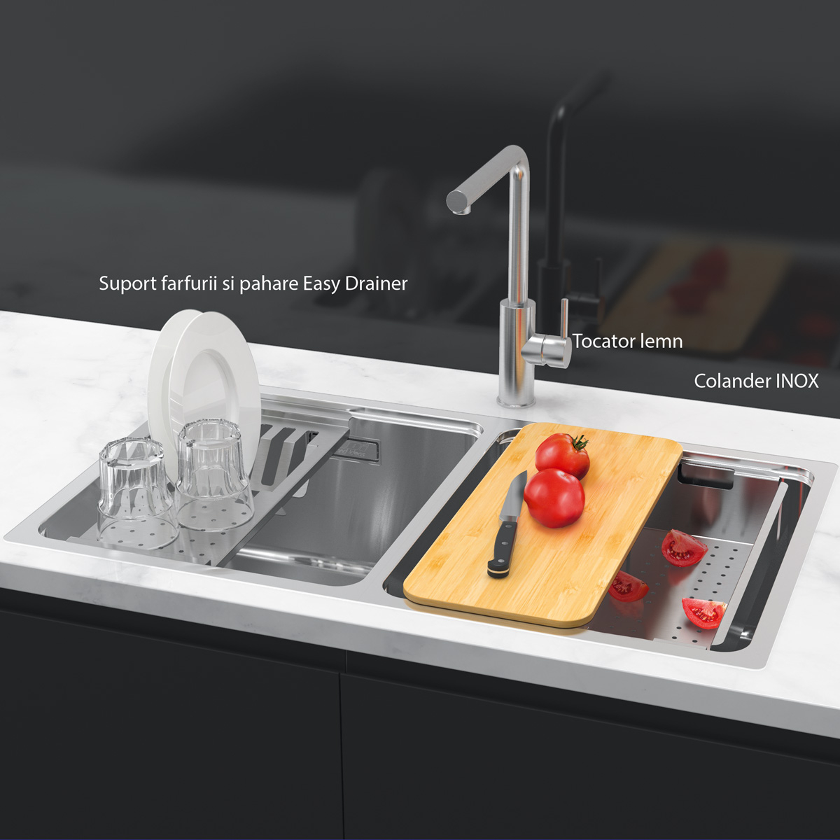 Chiuveta bucatarie cu 2 cuve inox CookingAid UNA 75 cu Bonus: tocator Bambus + accesorii montaj [16]