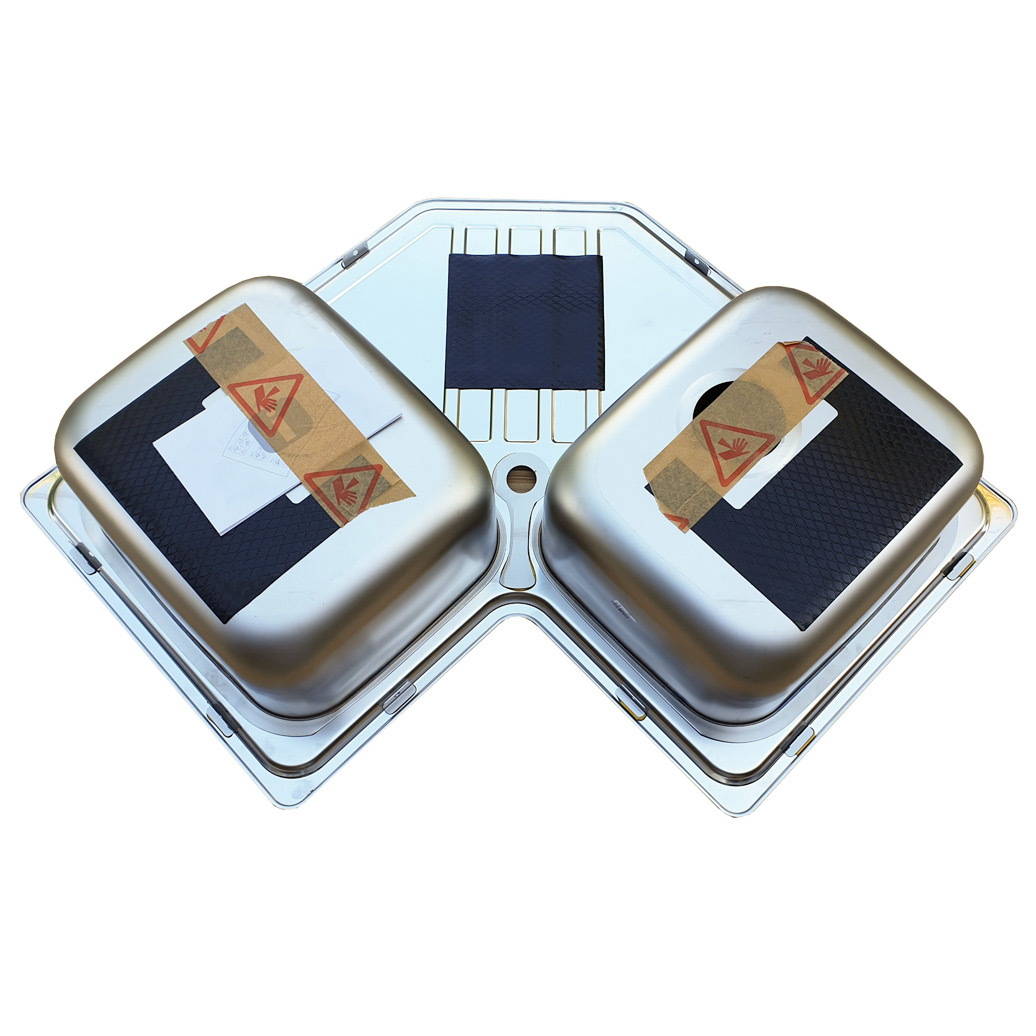 Chiuveta bucatarie cu 2 cuve inox dubla CookingAid KEPPLER BB pe colt reversibila stanga/dreapta cu picurator + accesorii montaj [15]