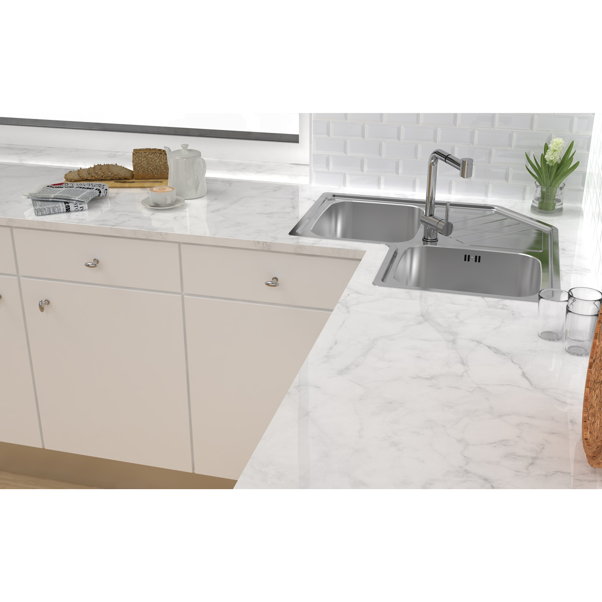 Chiuveta bucatarie cu 2 cuve inox dubla CookingAid KEPPLER BB pe colt reversibila stanga/dreapta cu picurator + accesorii montaj [3]