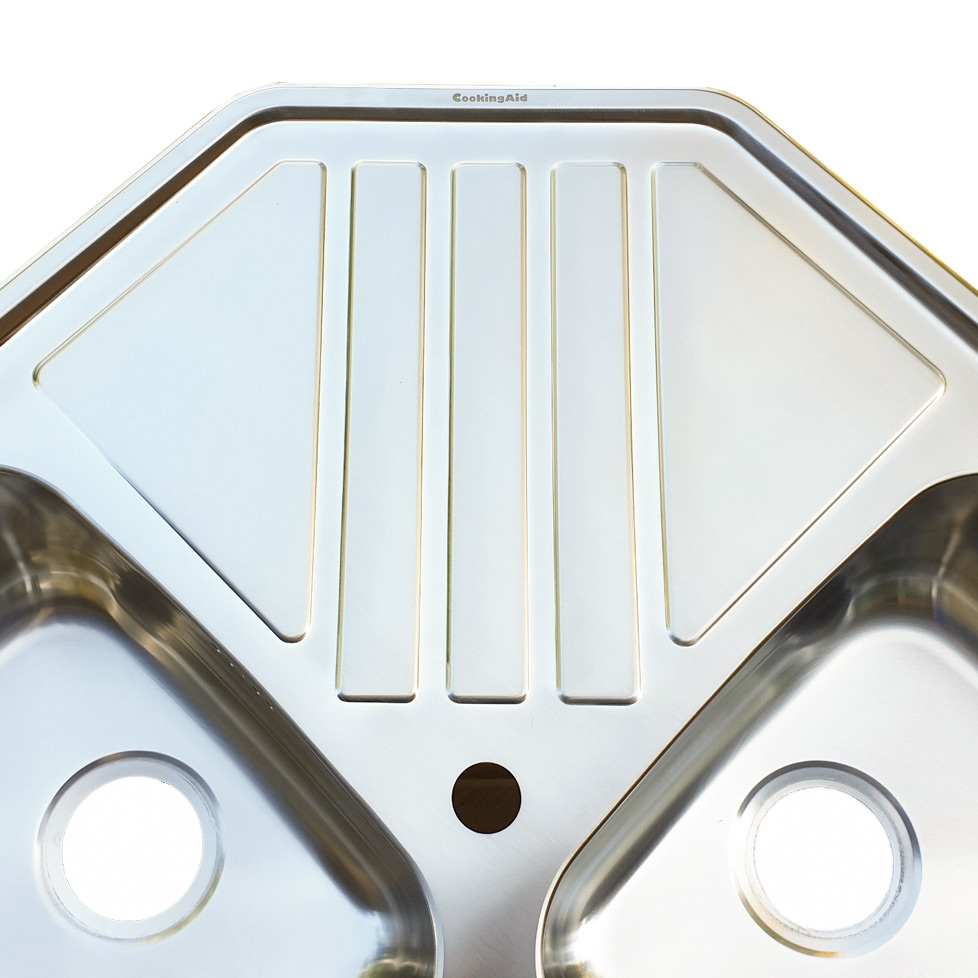 Chiuveta bucatarie cu 2 cuve inox dubla CookingAid KEPPLER BB pe colt reversibila stanga/dreapta cu picurator + accesorii montaj [11]