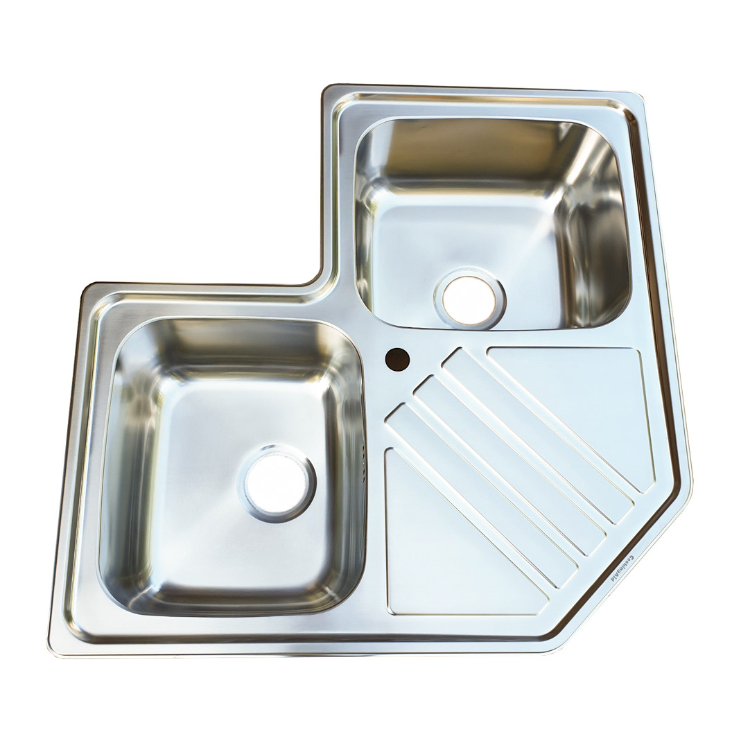 Chiuveta bucatarie cu 2 cuve inox dubla CookingAid KEPPLER BB pe colt reversibila stanga/dreapta cu picurator + accesorii montaj [9]