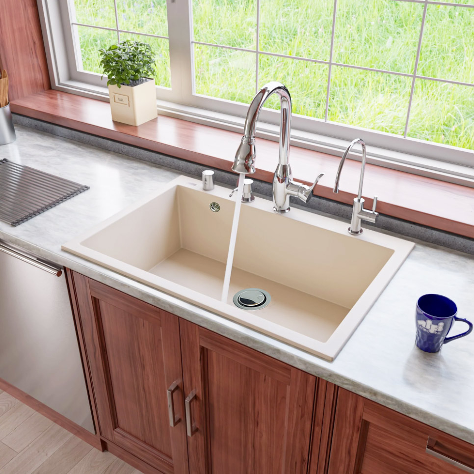 Chiuveta bucatarie granit CookingAid Cube ON7610 Alba Galbui / Jasmine + accesorii montaj [4]